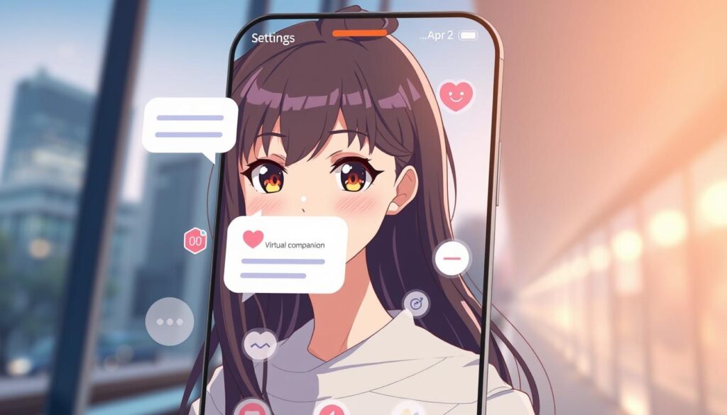 A beautifully designed virtual companion app interface, featuring a warm and friendly female avatar with a captivating gaze. The app's design is sleek and modern, with a soft, pastel color palette and minimalist layout. The avatar is positioned in the center, surrounded by interactive elements such as messaging bubbles, settings icons, and mood indicators. The background is a serene, blurred cityscape, suggesting an urban, contemporary setting. The lighting is soft and ambient, creating a calming and inviting atmosphere. The camera angle is slightly angled, giving the image a sense of depth and perspective. The overall mood is one of connection, companionship, and technological sophistication. A beautifully designed virtual companion app interface, featuring a warm and friendly female avatar with a captivating gaze. The app's design is sleek and modern, with a soft, pastel color palette and minimalist layout. The avatar is positioned in the center, surrounded by interactive elements such as messaging bubbles, settings icons, and mood indicators. The background is a serene, blurred cityscape, suggesting an urban, contemporary setting. The lighting is soft and ambient, creating a calming and inviting atmosphere. The camera angle is slightly angled, giving the image a sense of depth and perspective. The overall mood is one of connection, companionship, and technological sophistication.