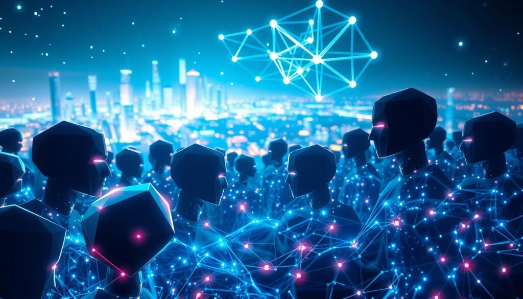 A dynamic, futuristic scene of AI agents engaged in natural language processing. In the foreground, a cluster of stylized, geometric AI agents are immersed in streams of data, their forms illuminated by an ethereal, neon-infused glow. In the middle ground, additional agents are interconnected, exchanging information through intricate webs of light. The background depicts a gleaming, high-tech cityscape, hinting at the integration of this advanced AI technology into the fabric of society. Crisp, high-contrast lighting and a cool, otherworldly color palette create a sense of technological innovation and progress. The overall composition conveys the rapid evolution of AI agents and their growing capabilities in natural language understanding and communication.